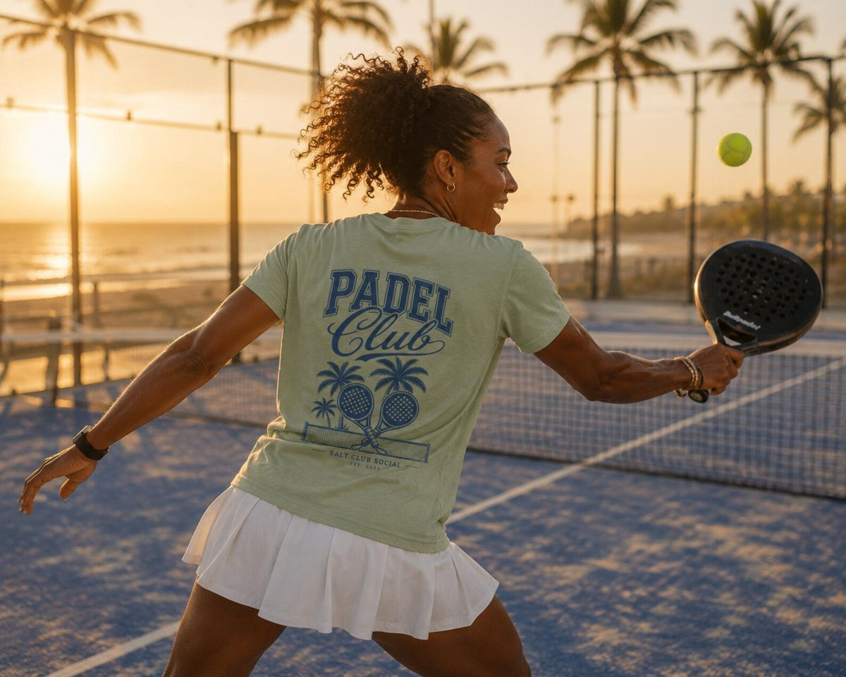 Padel Club Graphic Tee, Padel Rackets, Palm Trees, Court Design, Varsity T-shirt