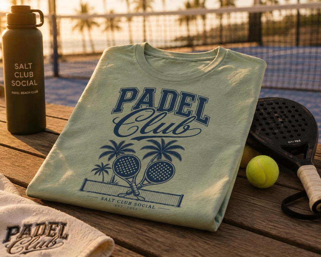 Padel Club Graphic Tee, Padel Rackets, Palm Trees, Court Design, Varsity T-shirt