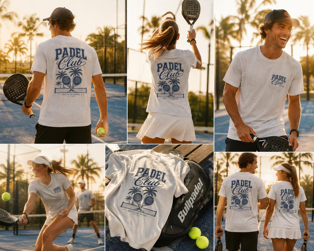 Padel Club Graphic Tee, Padel Rackets, Palm Trees, Court Design, Varsity T-shirt